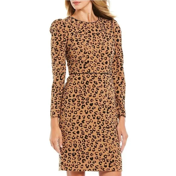Donna Karan Womens Brown Tan Leopard Print Crew Neck Long Sleeve Zip Dress 12 - Picture 1 of 13